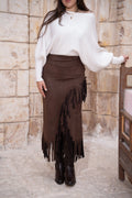 Brown suede fringe midi skirt with asymmetric layered cut